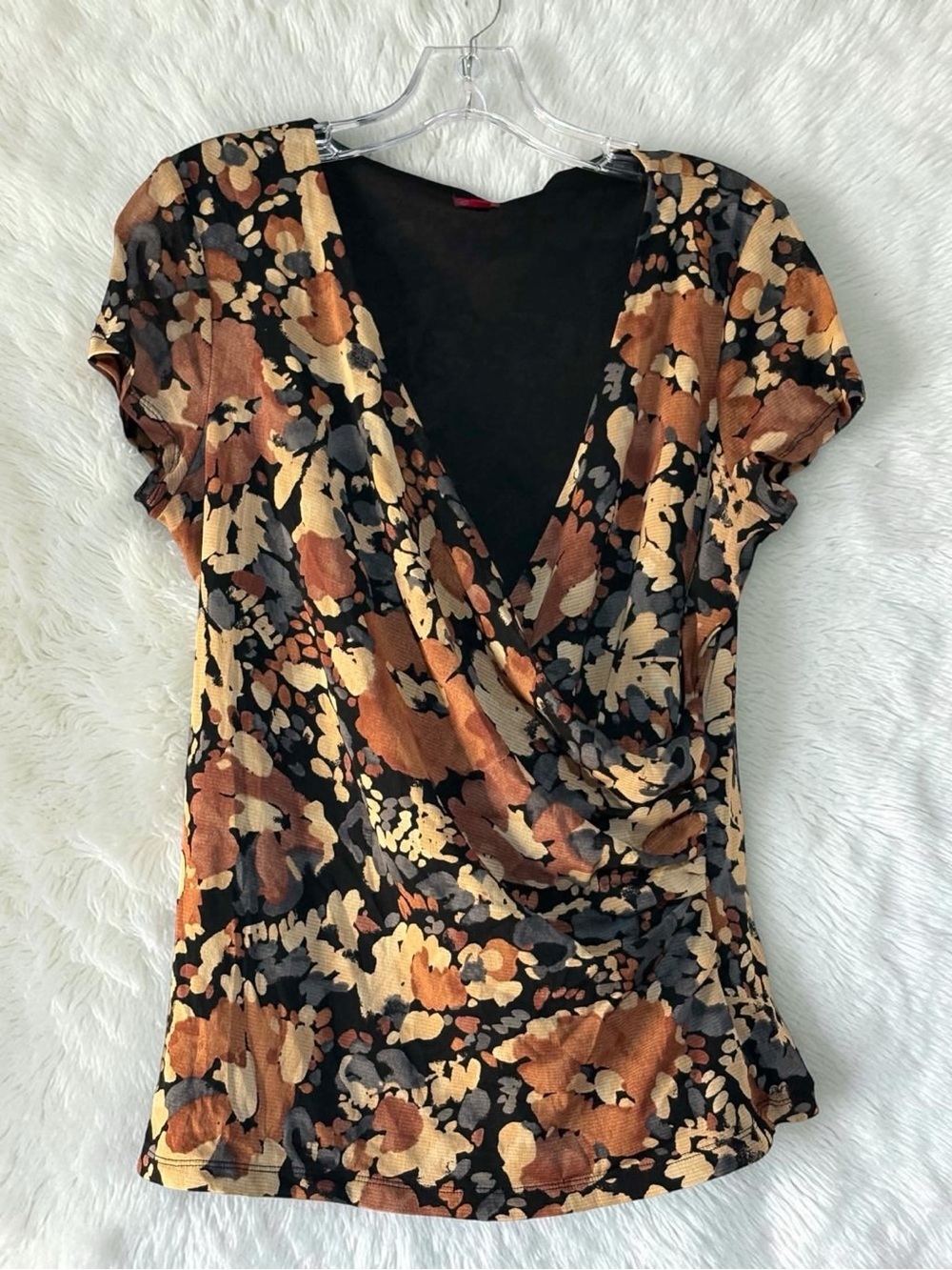 Black Floral Draped V-Neck Top with Brown and Cream Accents Size Large
